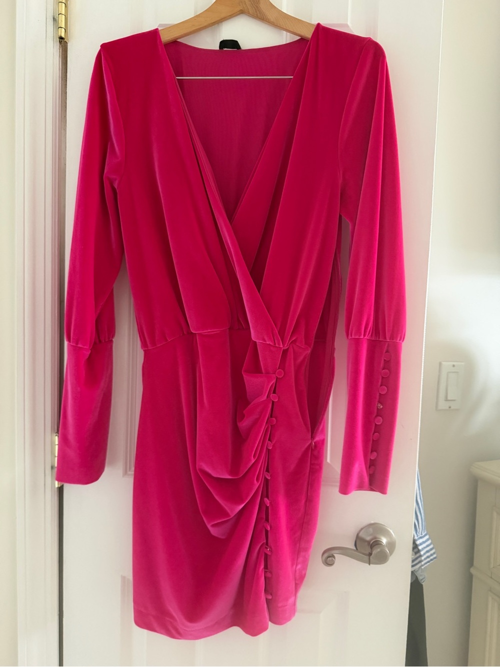 Revolve Fuchsia Long Sleeve Wrap Velvet Dress